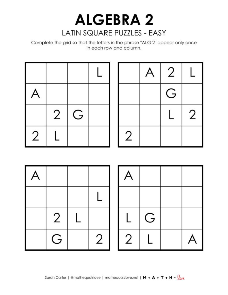 algebra 2 latin square puzzles level easy.