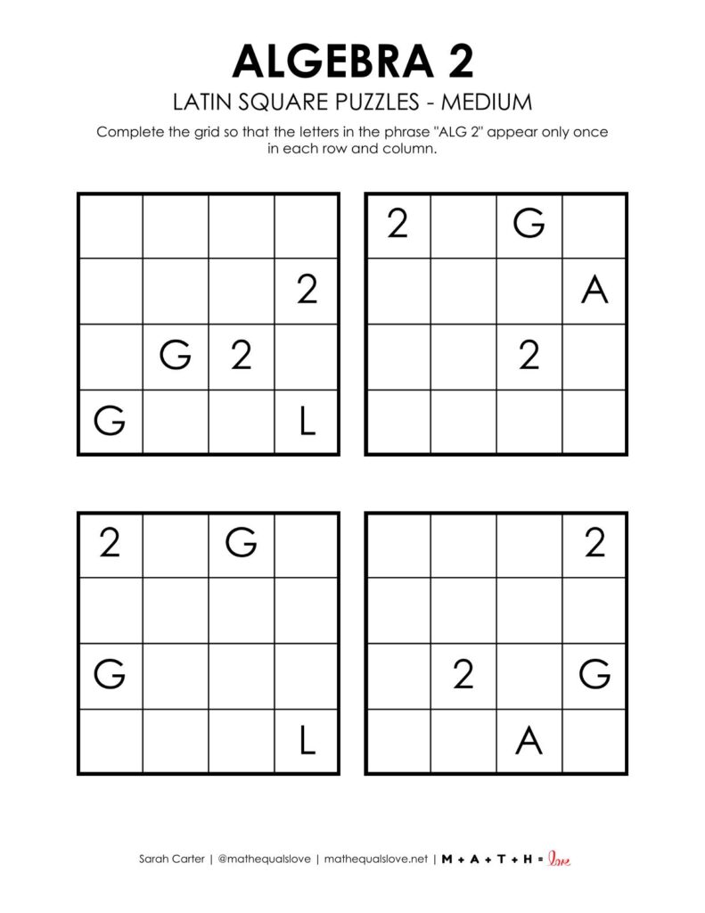 algebra 2 latin square puzzles level medium.