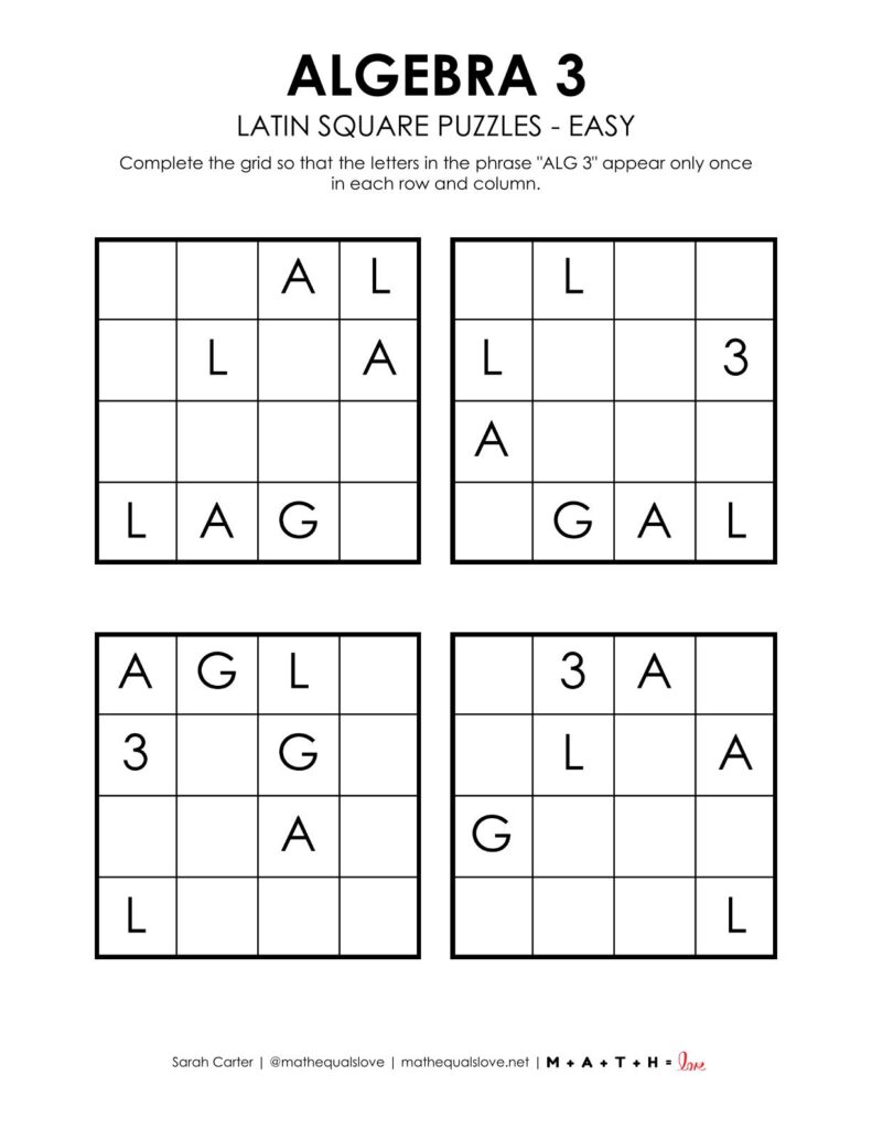 algebra 3 latin square puzzles - level easy.