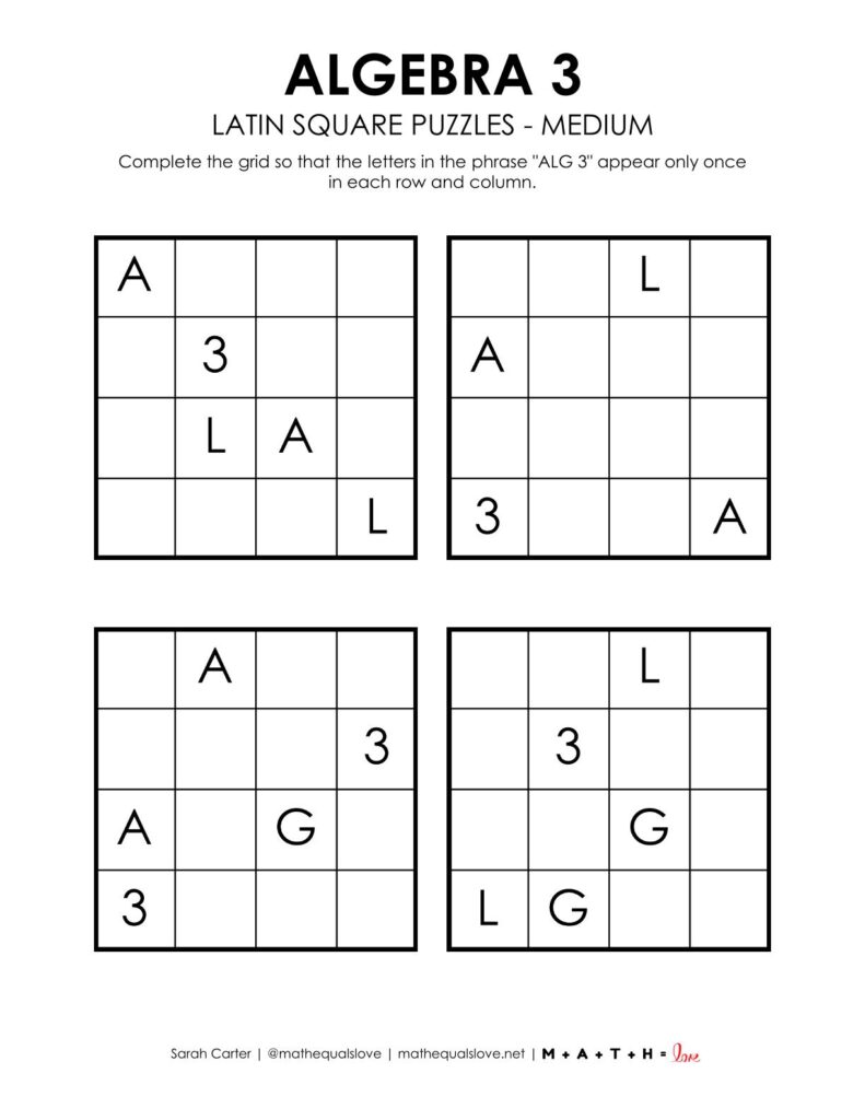 algebra 3 latin square puzzles level medium.