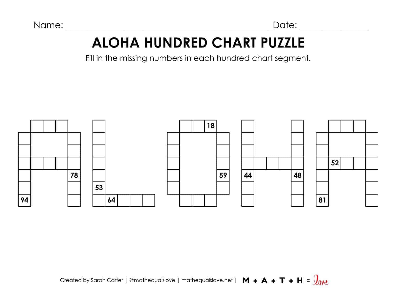Aloha Hundred Chart Puzzle Worksheet | Math = Love