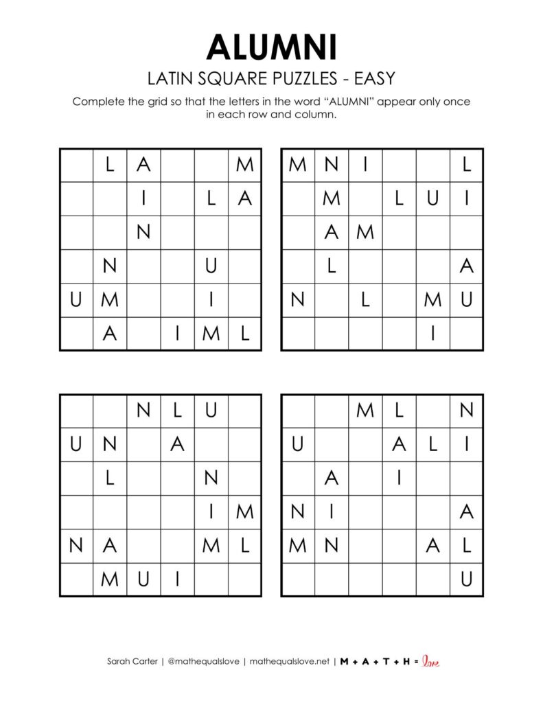 alumni latin square puzzle - level easy.