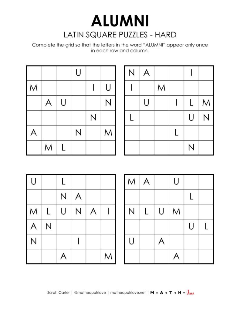 alumni latin square puzzles level hard.