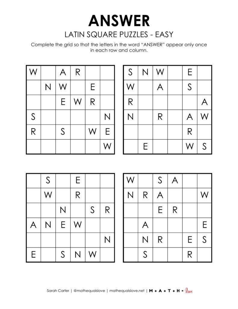 answer latin square puzzles - level easy.