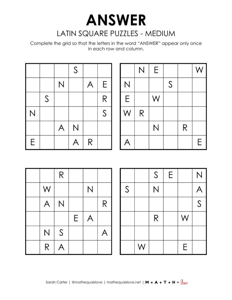 answer latin square puzzles - level medium.