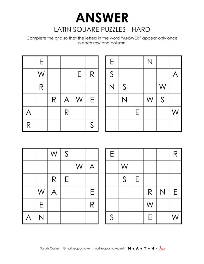 answer latin square puzzles level hard.