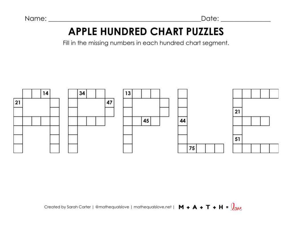 apple hundred chart puzzle worksheet.