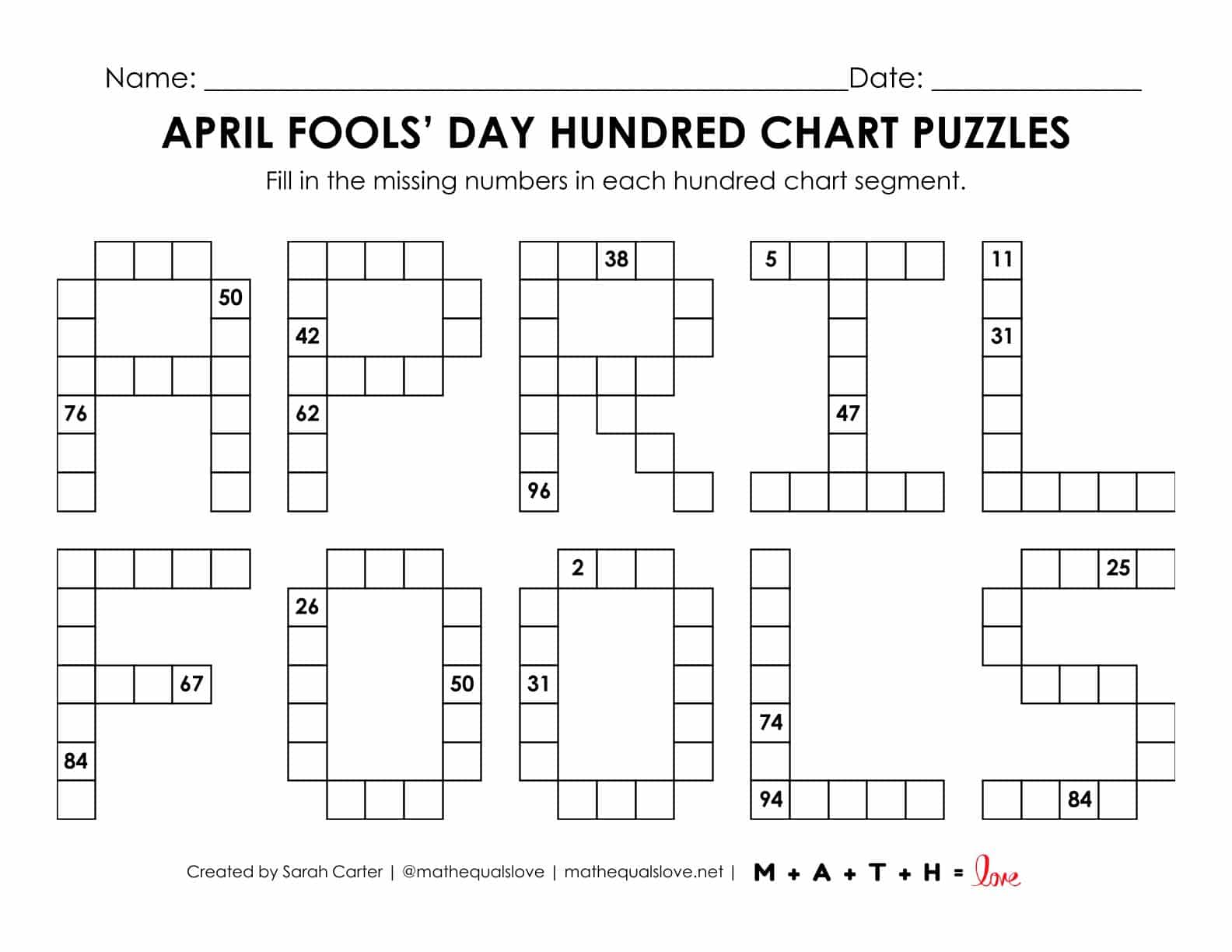 April Fools' Day Hundred Chart Puzzle Worksheet | Math = Love