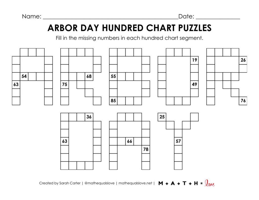 arbor day hundred chart math puzzle worksheet.