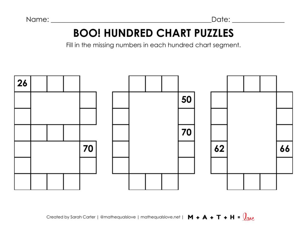 boo hundred chart math puzzle worksheet for halloween.