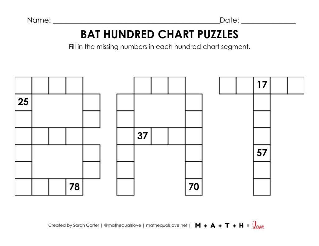 bat hundred chart math puzzle worksheet for halloween.