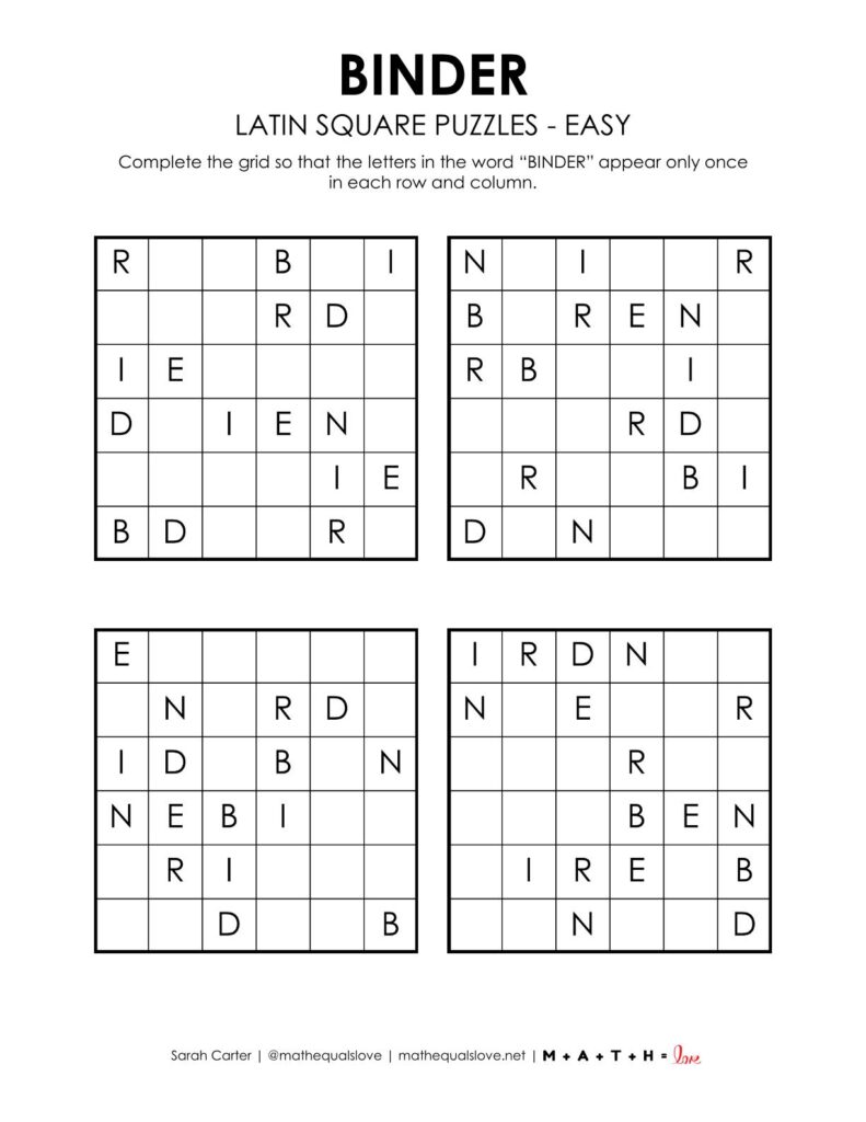 binder latin square puzzles level easy.