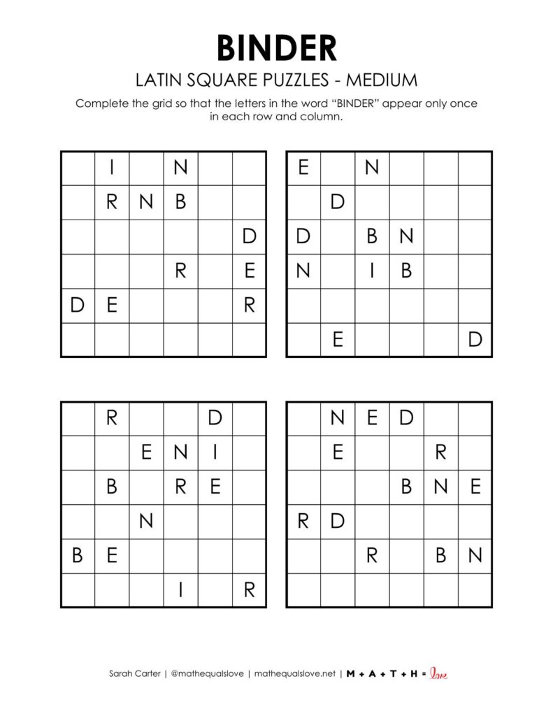 binder latin square puzzles level medium.
