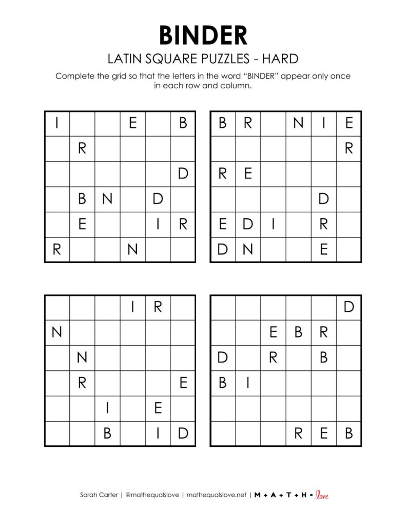 binder latin square puzzles level hard.