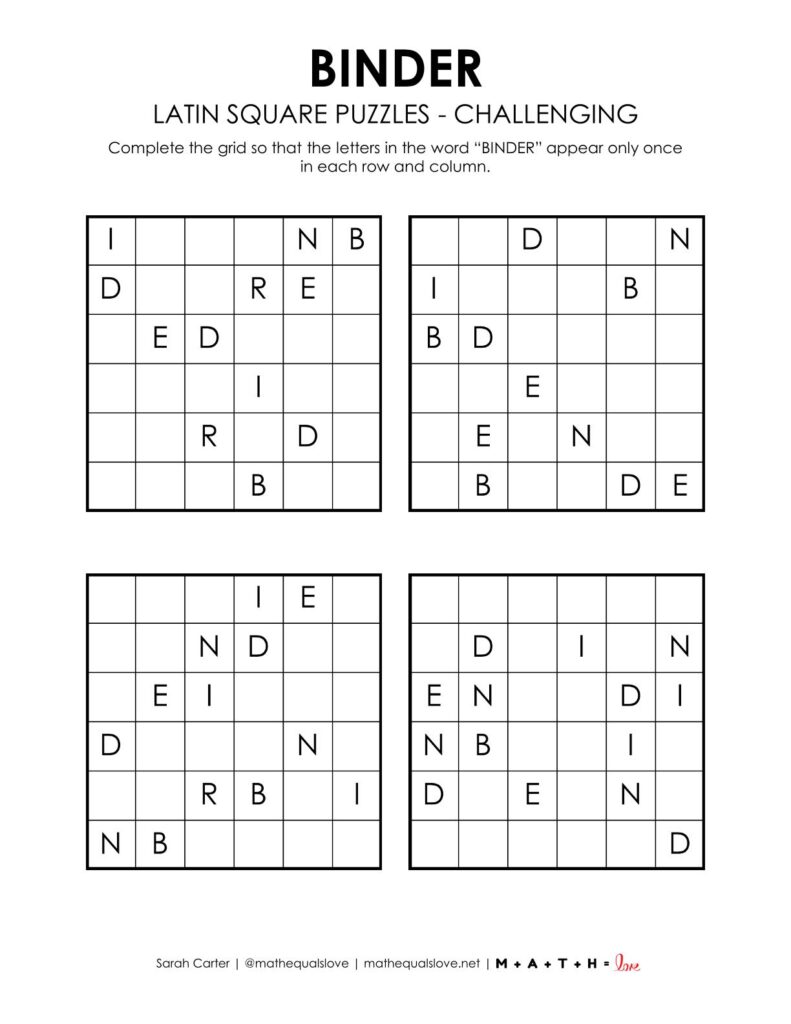 binder latin square puzzles level challenging.