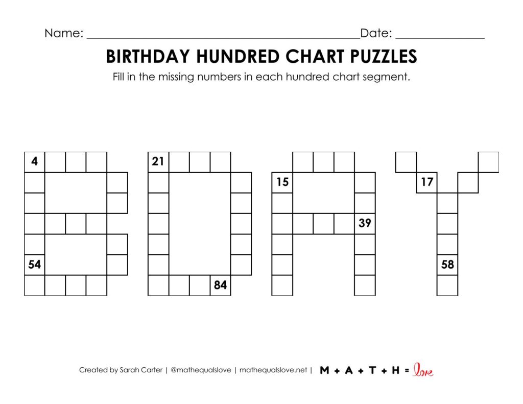 birthday hundred chart math puzzle worksheet.