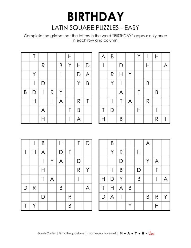 birthday latin square puzzles pdf.