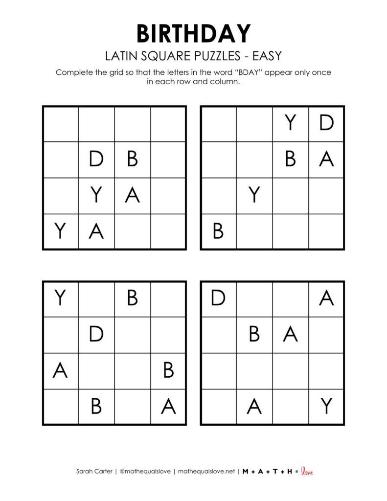 bday birthday latin square puzzles - level easy.