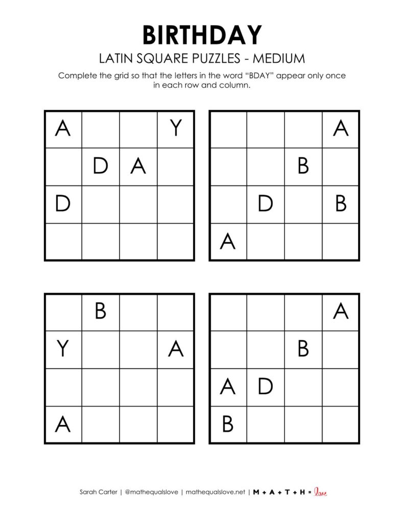 bday birthday latin square puzzles level medium.