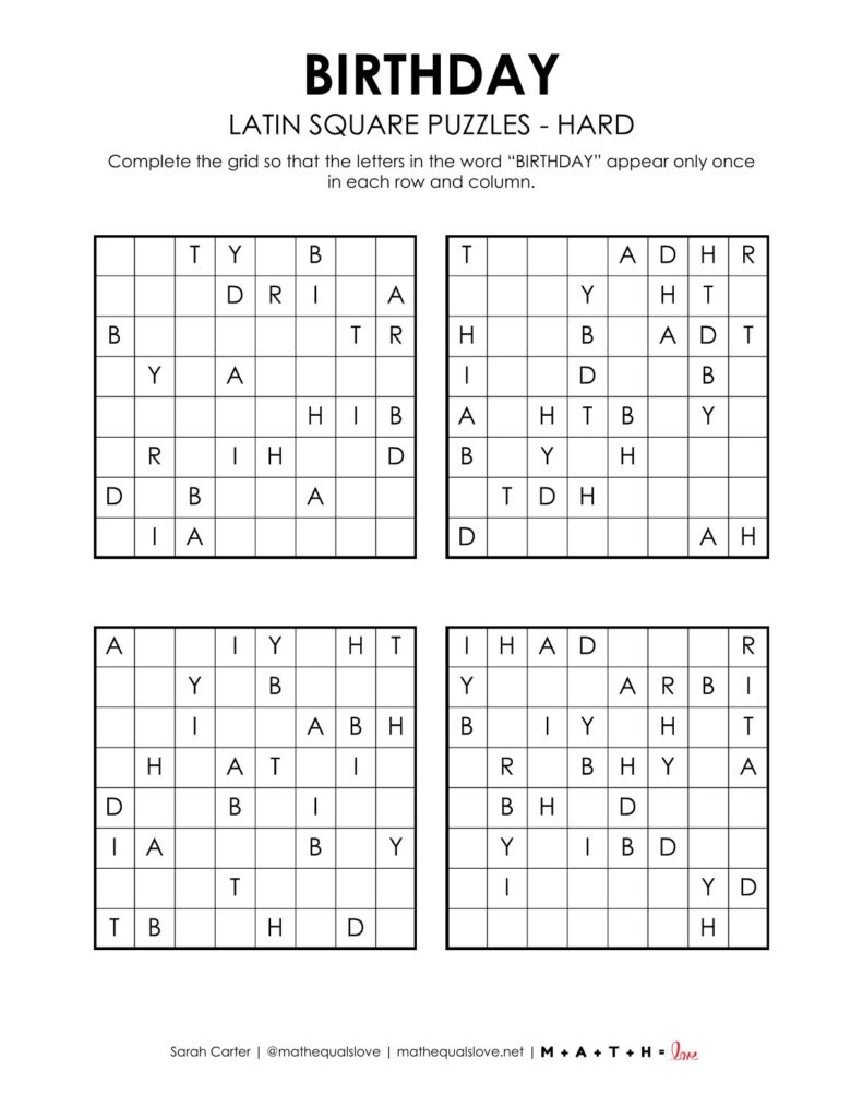 birthday latin square puzzles level hard.