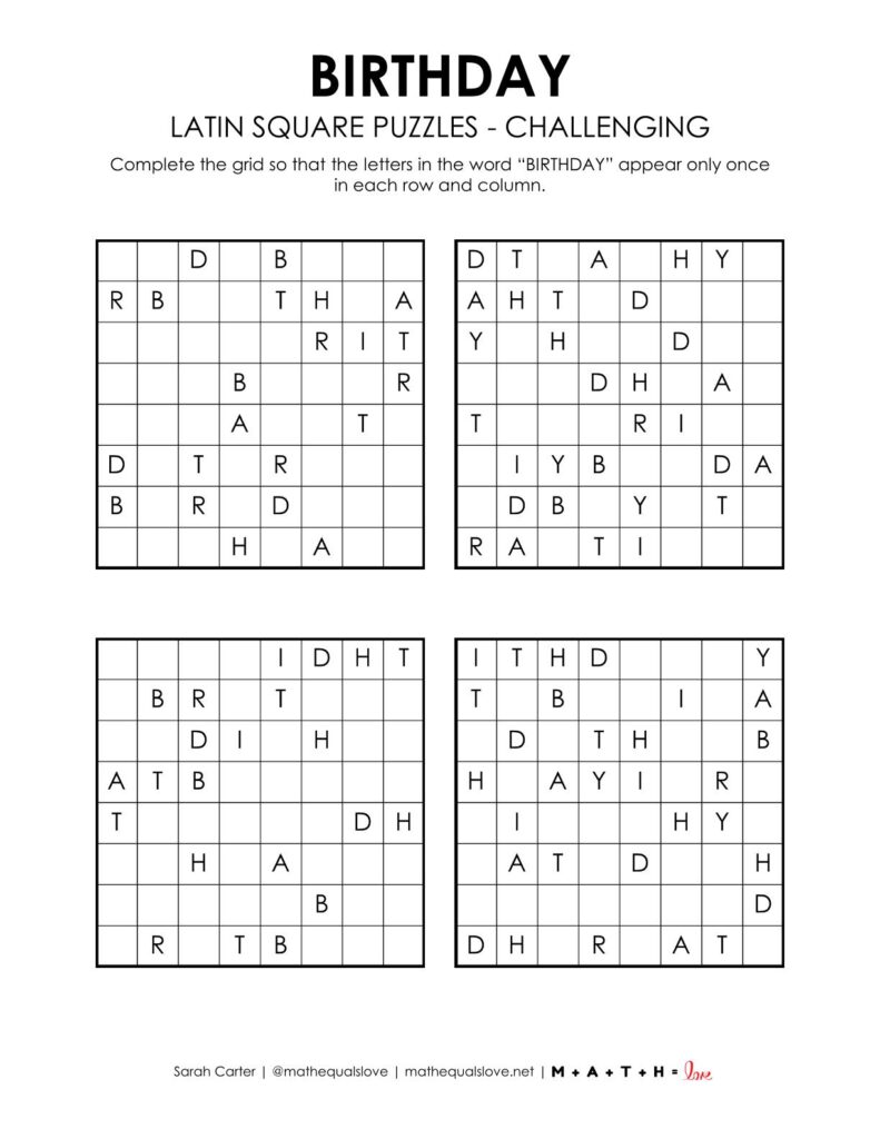 birthday latin square puzzles level challenging.