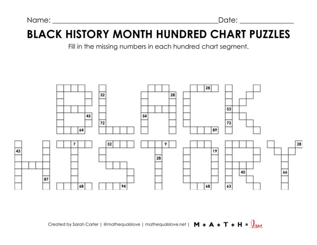 black history month hundred chart math puzzle worksheet.