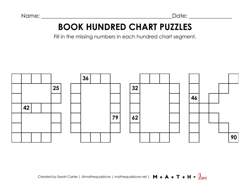 book hundred chart puzzle worksheet.