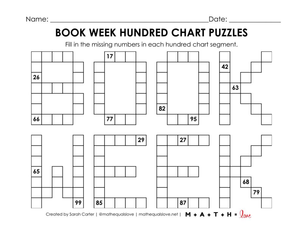 book week hundred chart math puzzle worksheet.