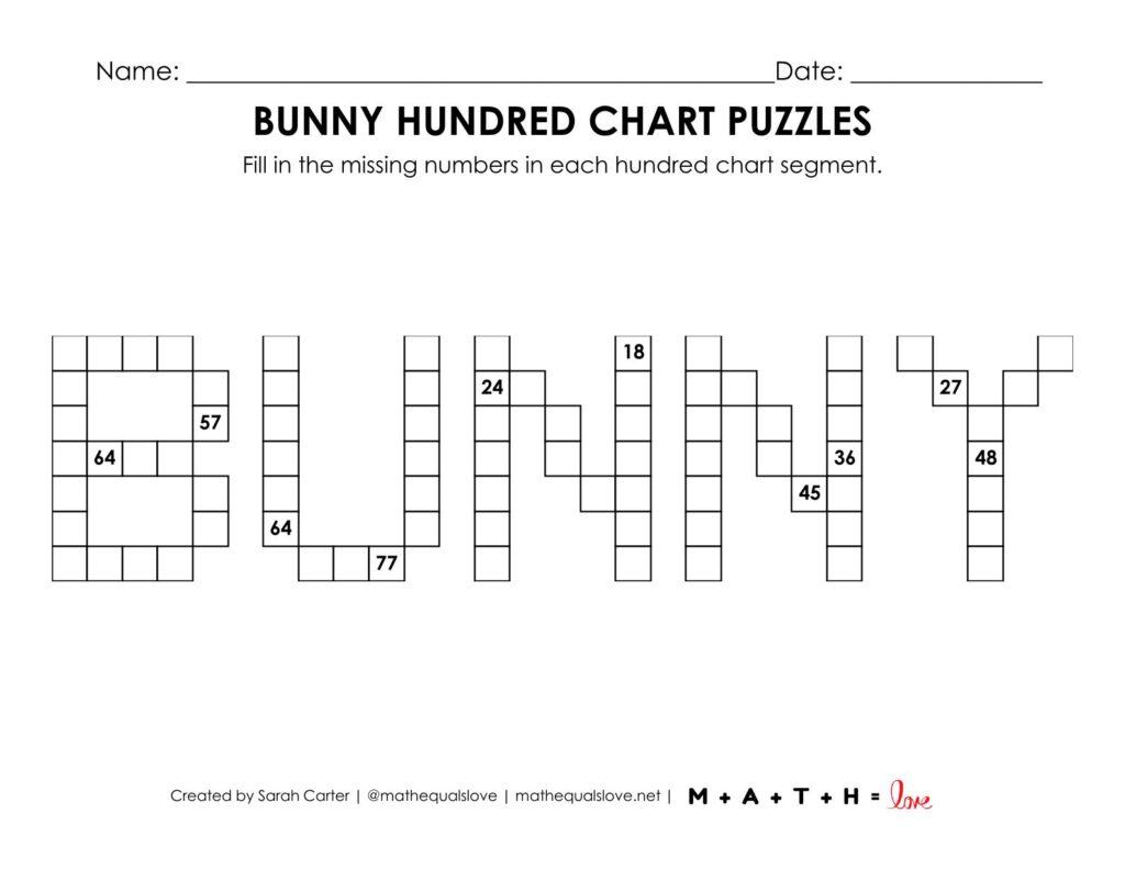bunny hundred chart math puzzle worksheet for easter or spring.