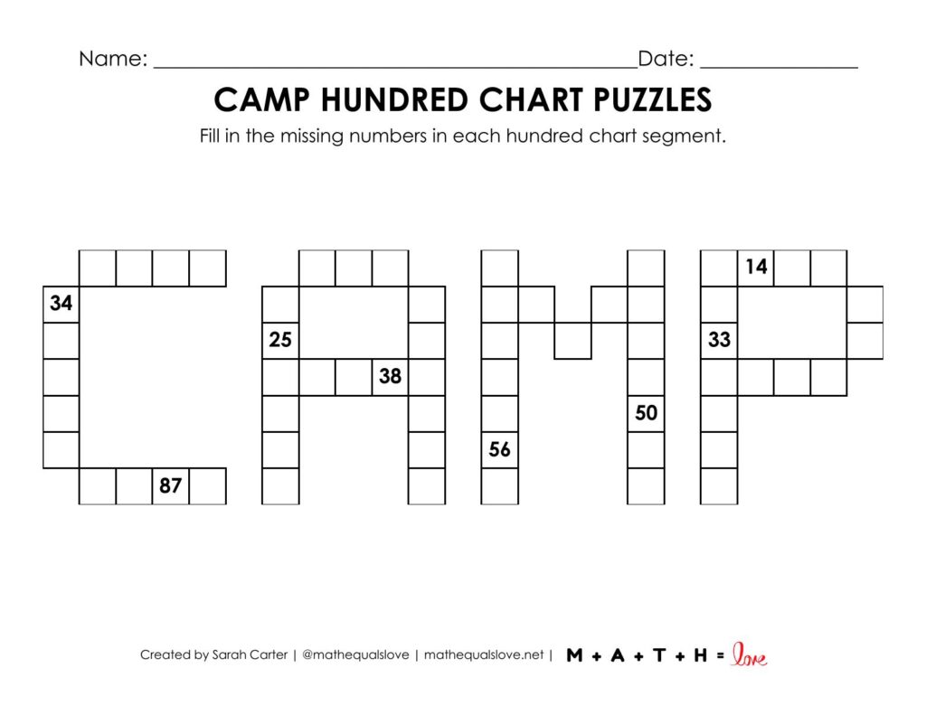 camp hundred chart math puzzle worksheet.