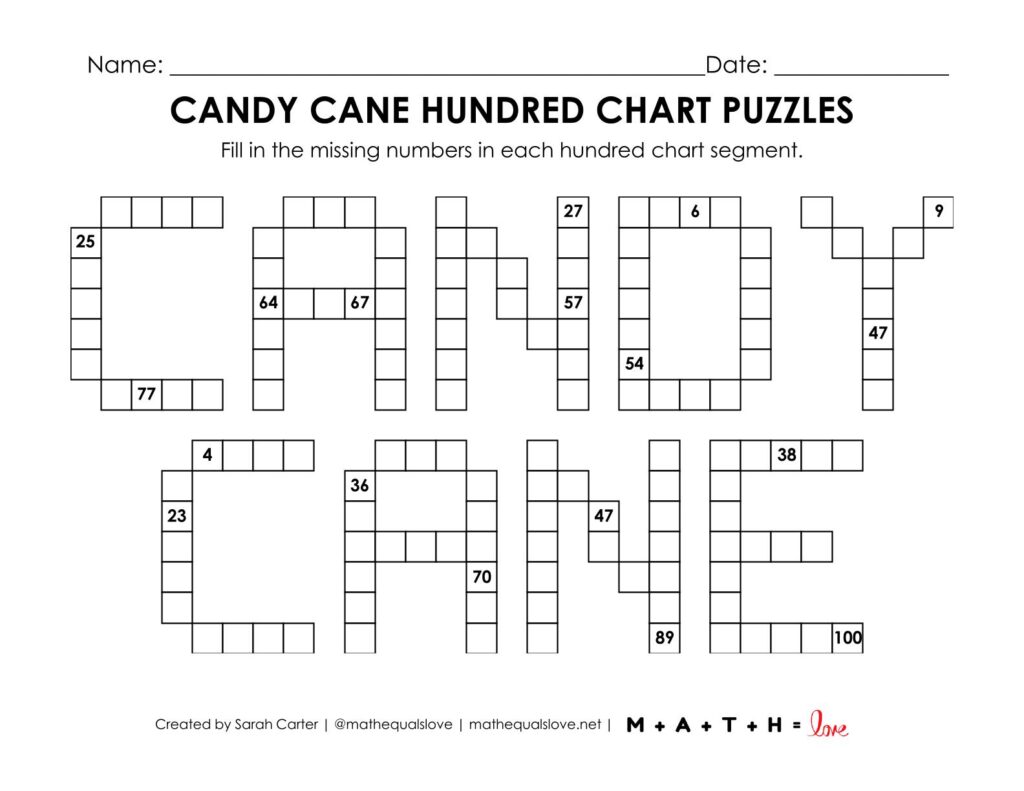 candy cane hundred chart math puzzle worksheet.
