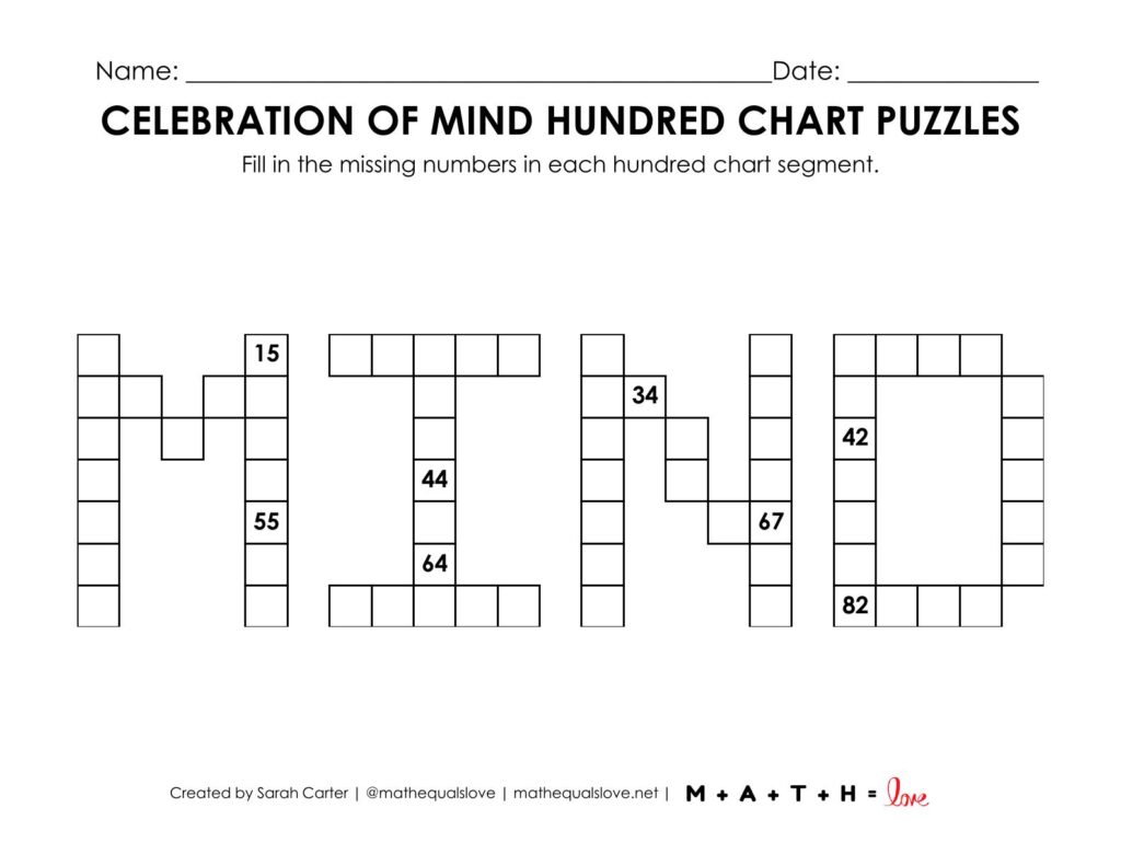celebration of mind hundred chart math puzzle worksheet.