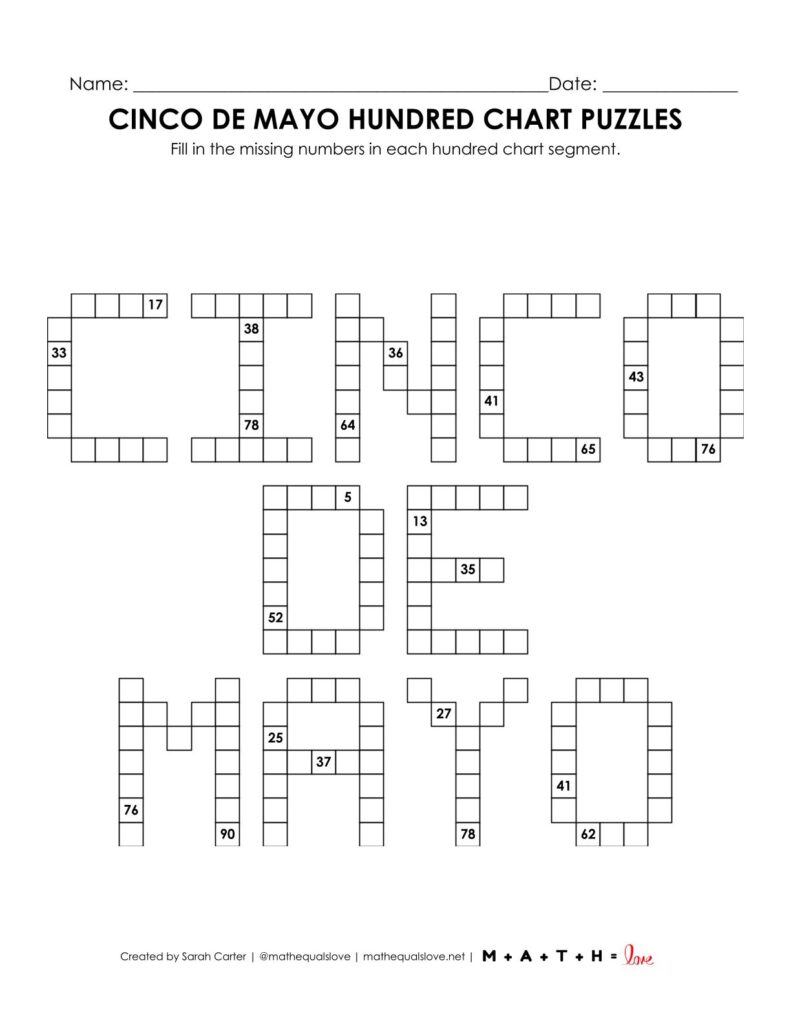 cinco de mayo hundred chart puzzle worksheet.