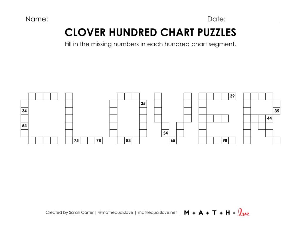 clover hundred chart math puzzle worksheet.
