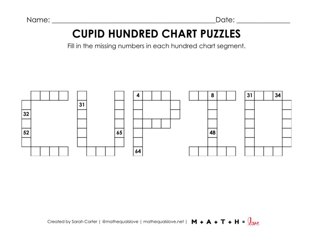 cupid hundred chart math puzzle worksheet.
