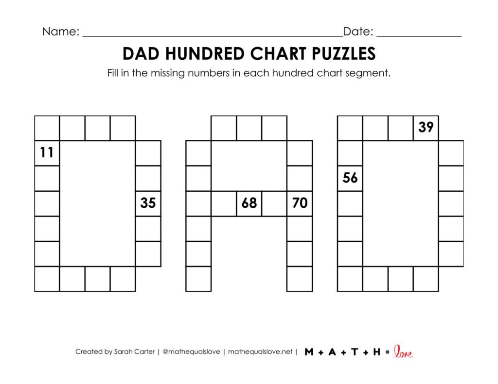 father's day hundred chart math puzzle worksheet.