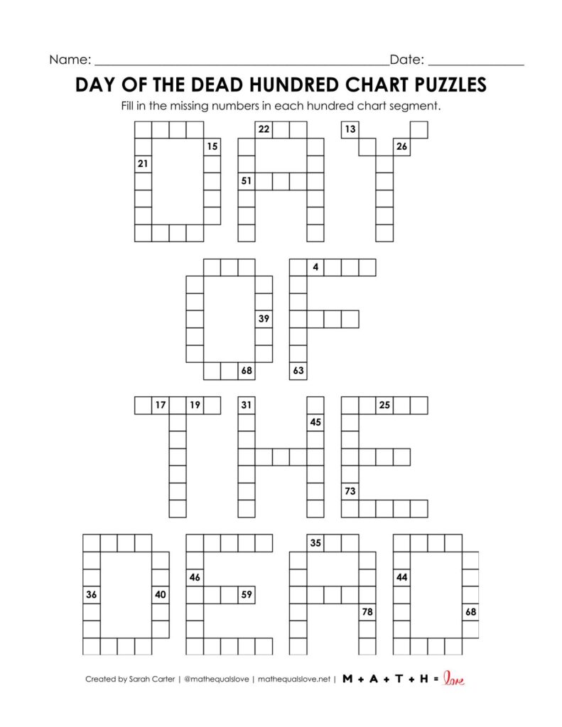 day of the dead hundred chart math puzzle worksheet.