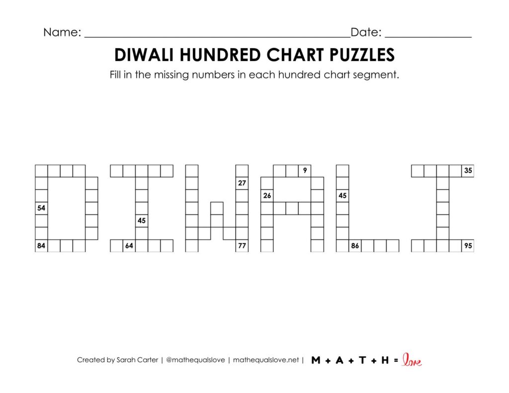 diwali hundred chart math puzzle worksheet.