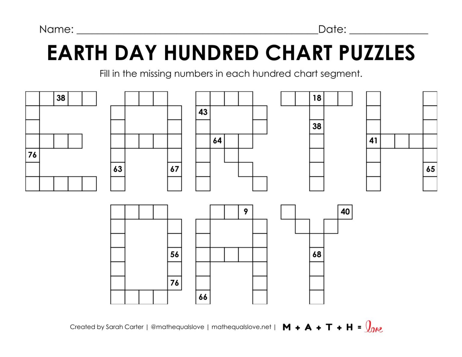 Earth Day Hundred Chart Puzzle Worksheet | Math = Love