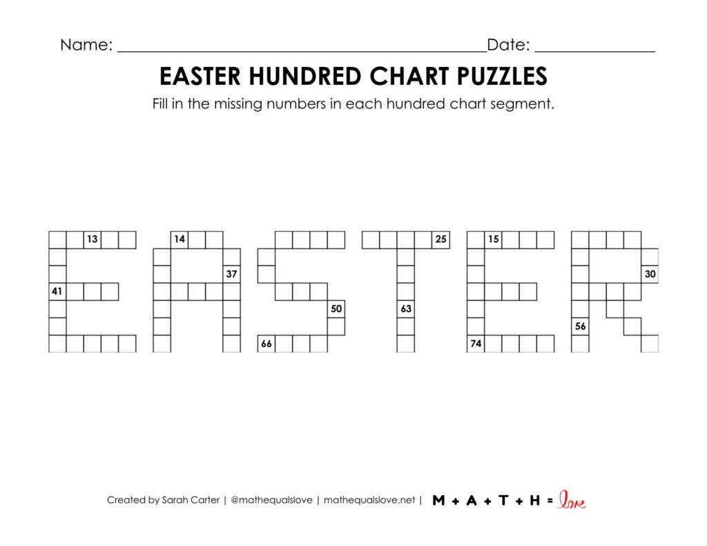 easter hundred chart math puzzle worksheet.