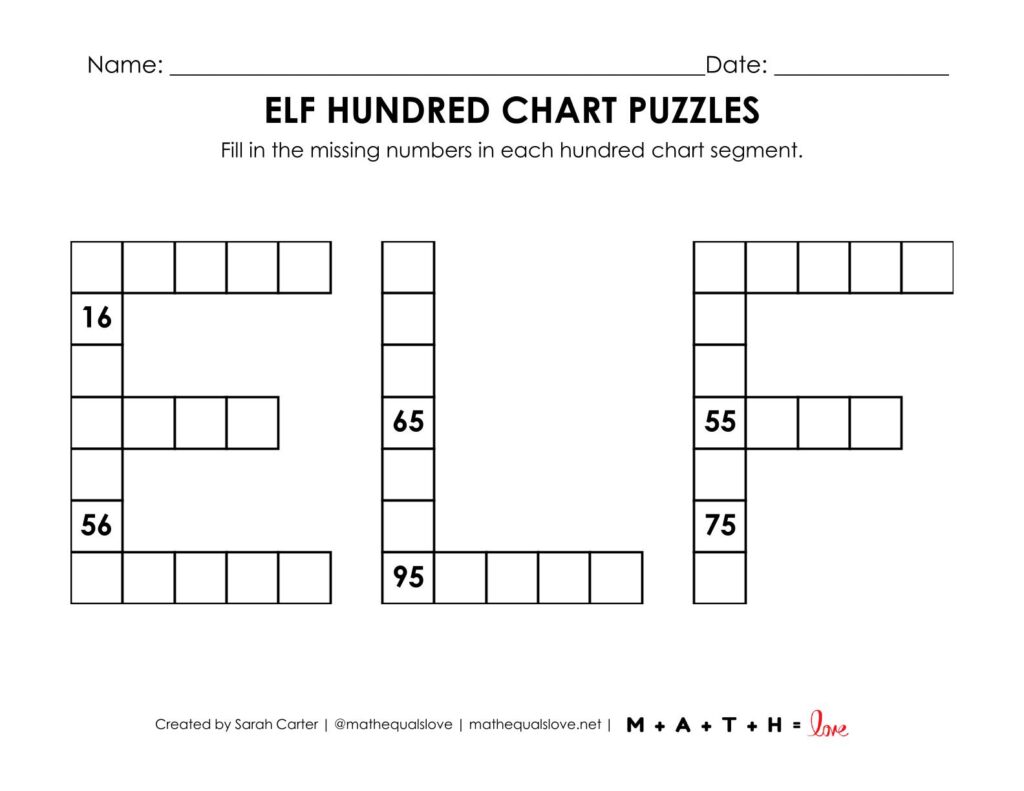 elf hundred chart puzzle worksheet for christmas.