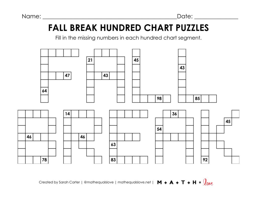 fall break hundred chart math puzzle worksheet.