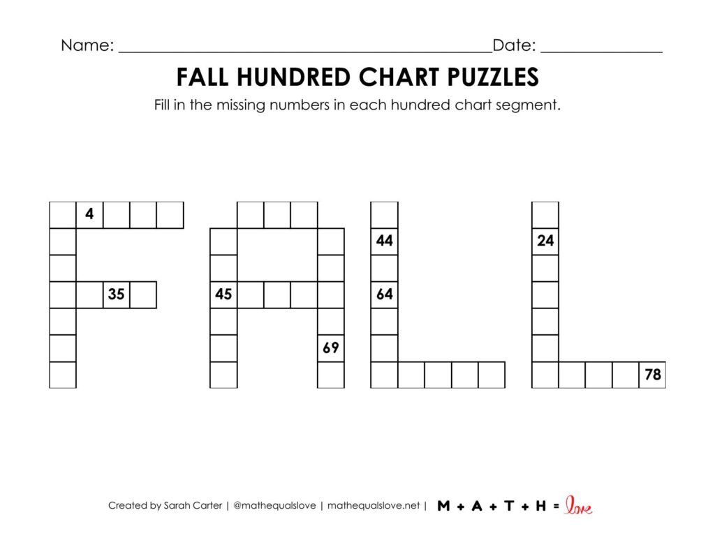 fall hundred chart puzzle worksheet.