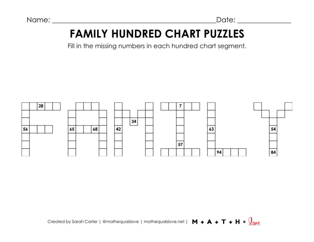 family hundred chart puzzle worksheet.