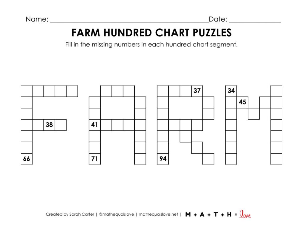 farm hundred chart puzzle worksheet.