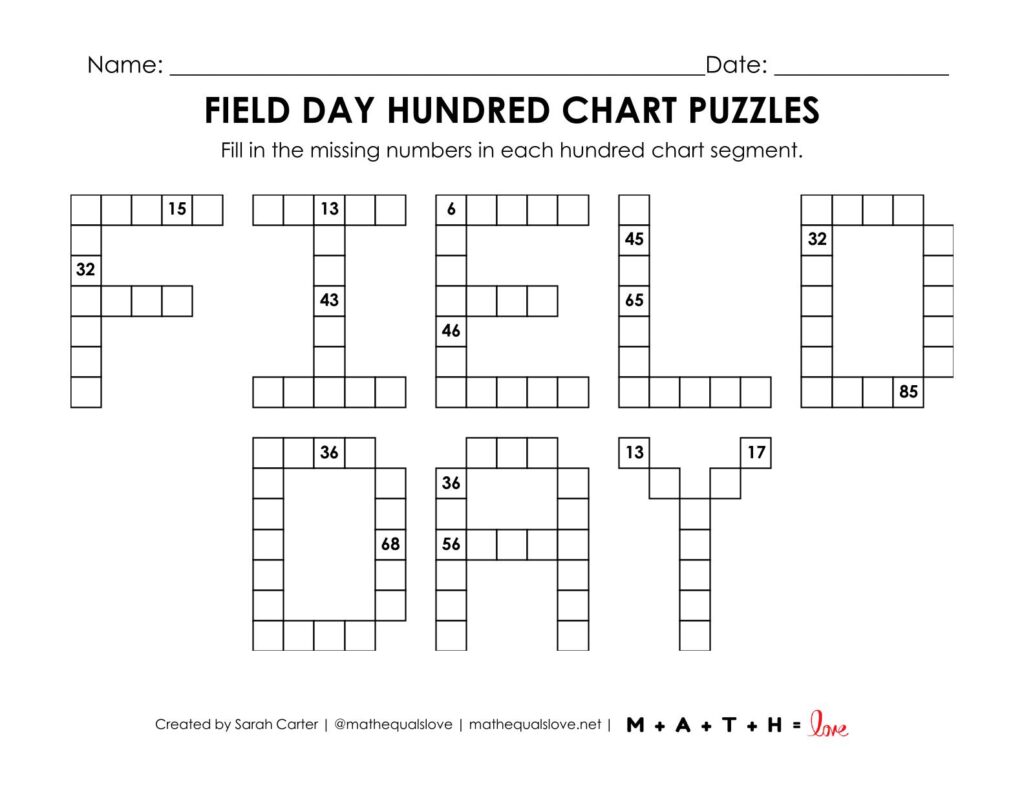 field day hundred chart puzzle worksheet.