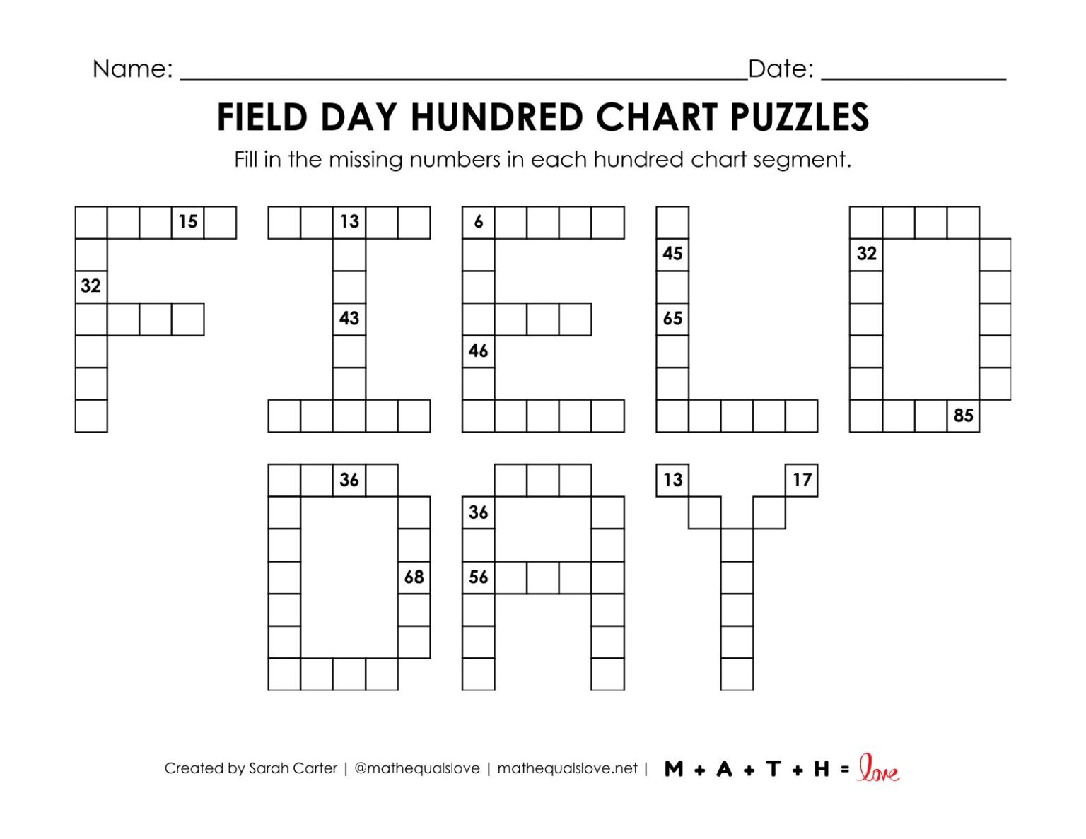 Field Day Hundred Chart Puzzle Worksheet | Math = Love