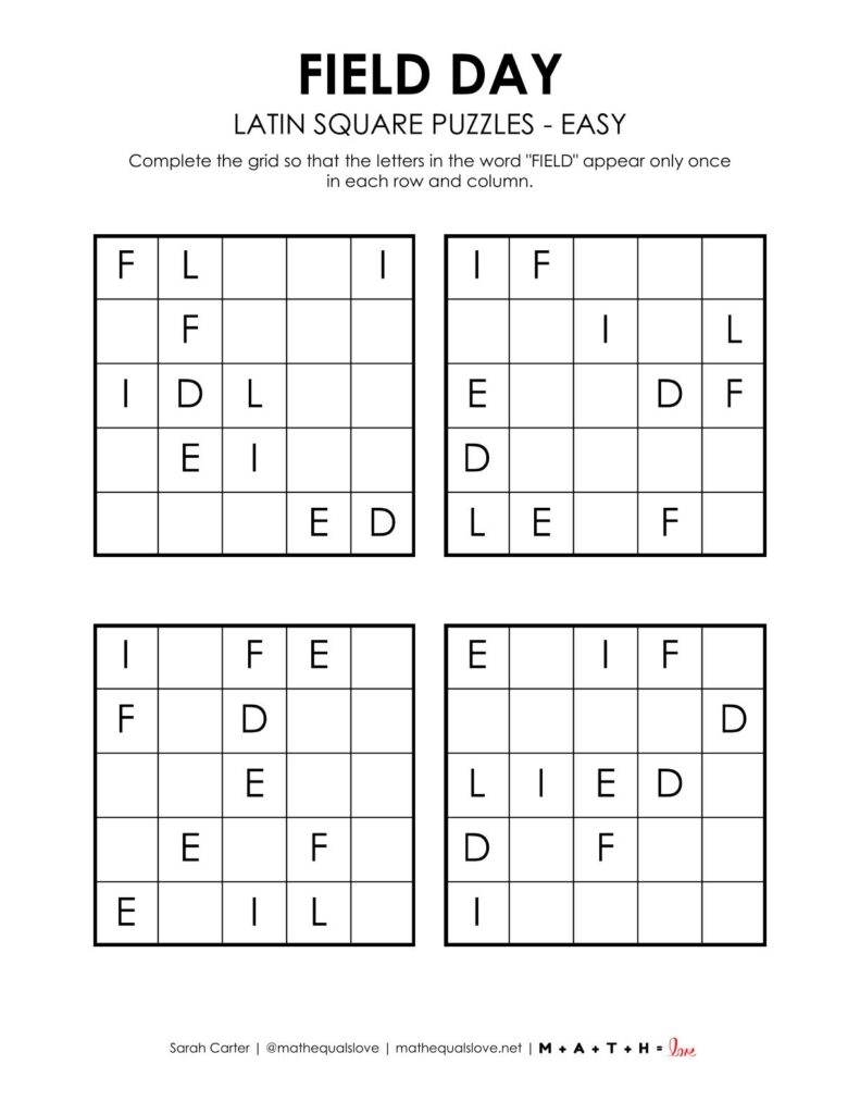 field day latin square puzzle level easy.
