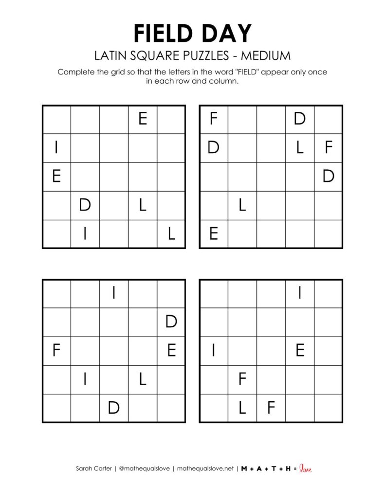 field day latin square puzzle level medium.