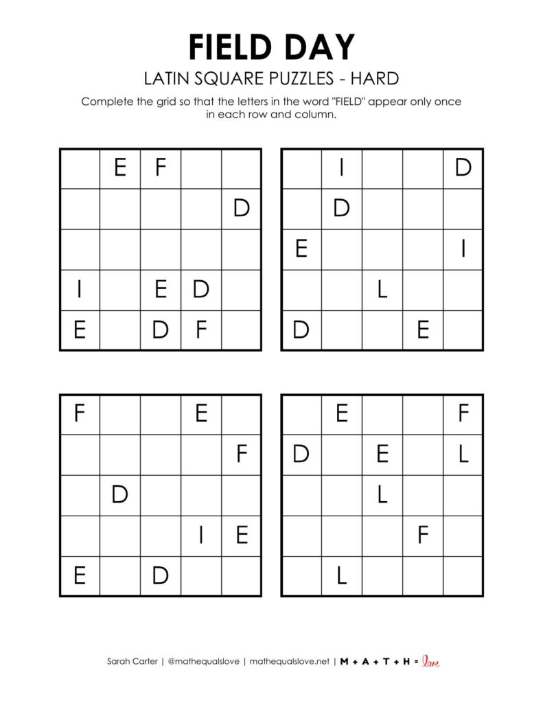 field day latin square puzzle level hard.